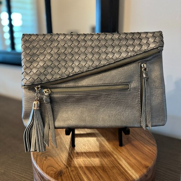 Woven Foldover Clutch with Tassel Zippers – Neutral Gray Evening Bag - Picture 1 of 6